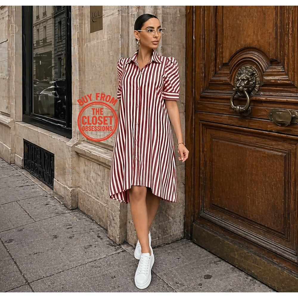 Zara NWT Red White Striped Cotton Puff Sleeve Shirt Dress Tunic L - Picture 11 of 16